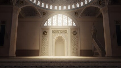Beautiful Symmetrical View of Mosque Mihrab and Prayer Area with Light