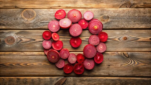 A vibrant arrangement of sliced beets forming a circular pattern on a rustic wooden surface