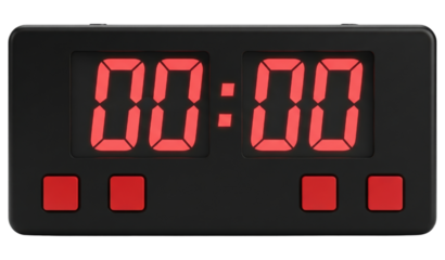 Digital alarm clock displaying zero time with red led numbers on a transparent background