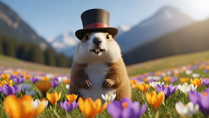 Groundhog day celebration with a stylish rodent in a flower field