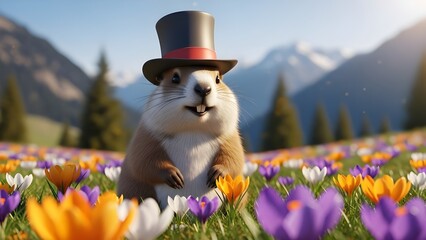 Groundhog day celebration with a groundhog in flowers wearing a top hat