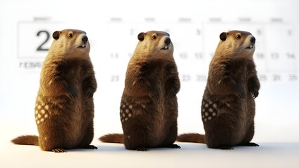 Groundhog day celebration with three cute woodchucks or marmots