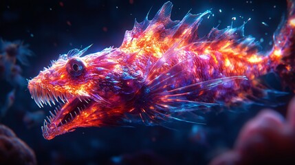 A viperfish swimming in the dark ocean depths with detailed, glowing features. The creature has bioluminescent qualities, highlighting its sharp teeth and intricate scale patterns in the deep sea