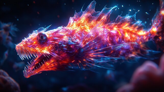 A viperfish swimming in the dark ocean depths with detailed, glowing features. The creature has bioluminescent qualities, highlighting its sharp teeth and intricate scale patterns in the deep sea