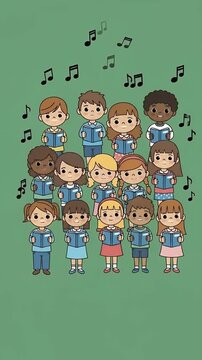 Children Choir Singing Together Green Background Music Notes