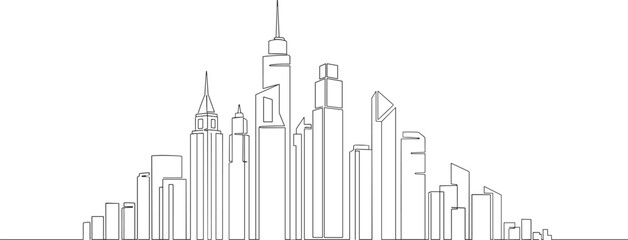 City skyline line art illustration with modern skyscrapers and urban buildings drawn in a minimal black and white outline styleCity skyline line art illustration with modern skyscrapers and urban 