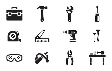 Fototapeta premium Toolbox and various work tools vector icon set with hammer, wrench, screwdriver, and drill
