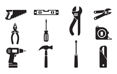 Professional maintenance equipment icons with saw adjustable wrench level pliers and drill machines