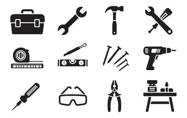 Fototapeta premium Hardware repair shop icons with level wrench hammer electric drill goggles and professional toolbox