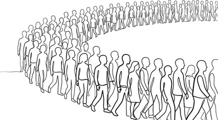 Naklejka premium People line art illustration of a large crowd of human figures walking in a curved formation drawn in a minimal continuous outline style