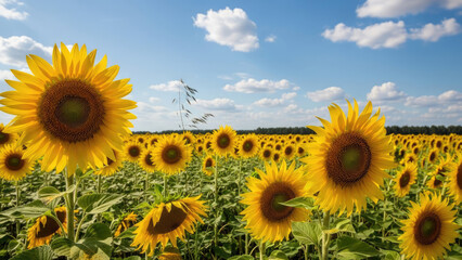 Vast Sunflower Field Under a Bright Blue Sky with Fluffy Clouds.