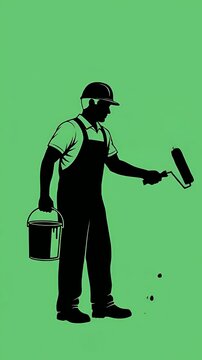 Construction Worker Painting Green Background Holding Paint Roller Bucket