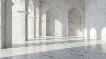 Minimalist white marble mosque architecture with large copy space background