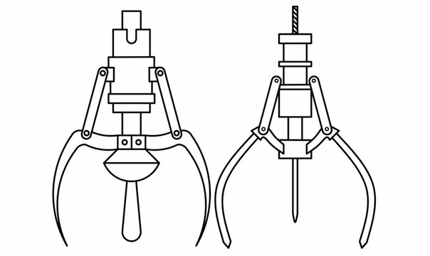 outline illustration of arcade claw crane grippers.for gaming, arcade machines, toy catcher concepts,and manuals.vector claw crane icon set.