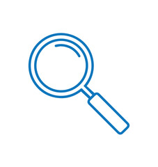 A clean, professional blue outline icon of a magnifying glass represents search and discovery functions, isolated on a white background for digital.