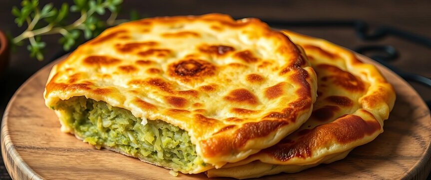 Authentic Korean mugwort pancake with a crispy golden crust and a soft, fluffy green interior,  food photography,  texture