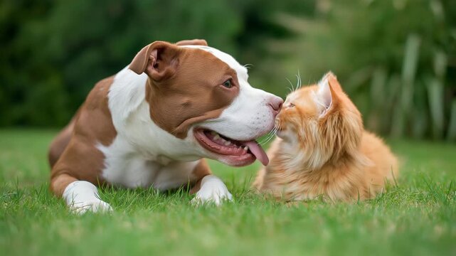 Adorable Pitbull Dog and Ginger Cat Friendship Gentle Nuzzle Outdoors Green Grass Background Playful Companionship Animal Love Sweet Moment