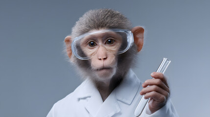Primate Scientist: A rhesus macaque dons lab attire, complete with safety goggles and holding test tubes, in a sophisticated scientific setup.