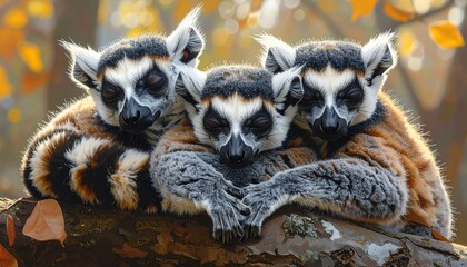Obraz premium Three lemurs snuggled together on a tree branch