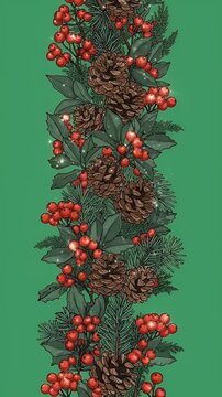 Christmas Garland Border Pine Cones Red Berries Green Background Footage