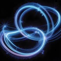 Obraz premium Abstract glowing blue and purple light trails forming curved S shape with electric lightning and sparkling particles on black 
