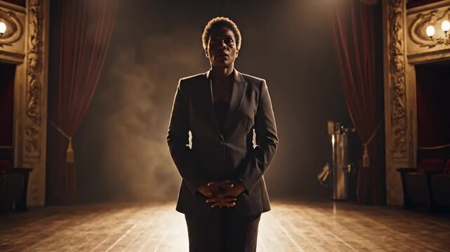 Elegant performer in tailored black suit stands center stage of historic theater with spotlight glow