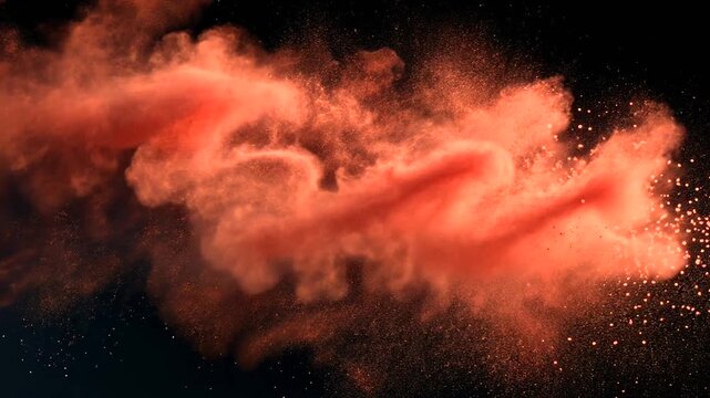 A vibrant, swirling cloud of orange-red smoke bursts against a dark, star-speckled backdrop