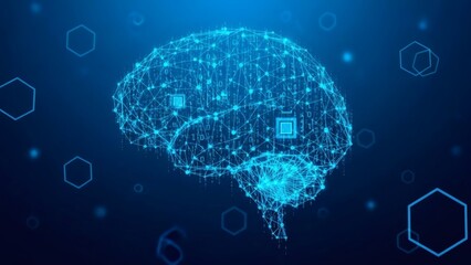 Futuristic brain network with glowing blue connections and digital elements