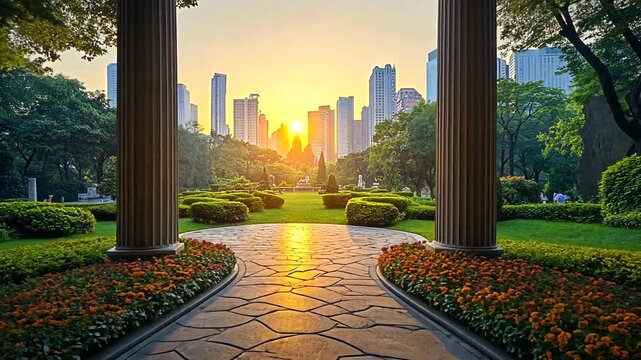 Sunrise over city park, framed by columns, paved path lined with flowers, trees, and gardens
