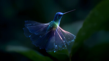 Obraz premium Hummingbird in Flight: A captivating, low-angle perspective unveils a hummingbird suspended in mid-air, its wings a blur of motion, shimmering in the light.