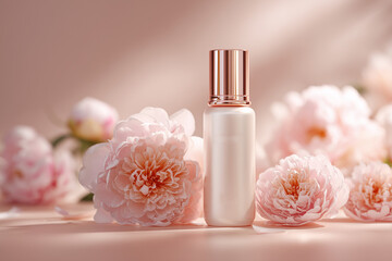 Cosmetic bottle among pink peony flowers on soft pastel background  