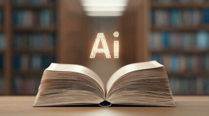 Open Book Displaying AI Concept in a Library with Shelves of Books in the Background for Educational Uses