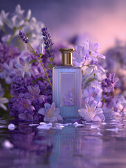 Perfume bottle surrounded by lavender and flowers on water surface  