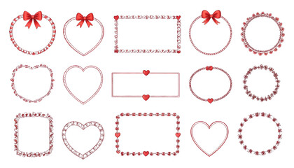 Collection of outline shapes valentines frames including circles hearts rectangles and ovals some with red bows isolated on white 