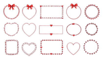 Collection of outline shapes valentines frames including circles hearts rectangles and ovals some with red bows isolated on white 