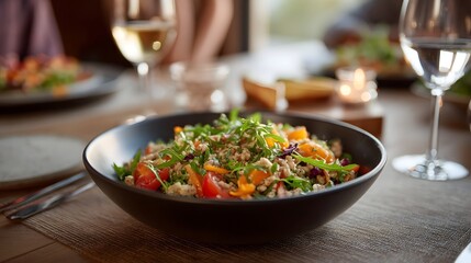 A colorful and healthy grain salad in a black bowl on a wooden table with ambient candlelight in the blurred background