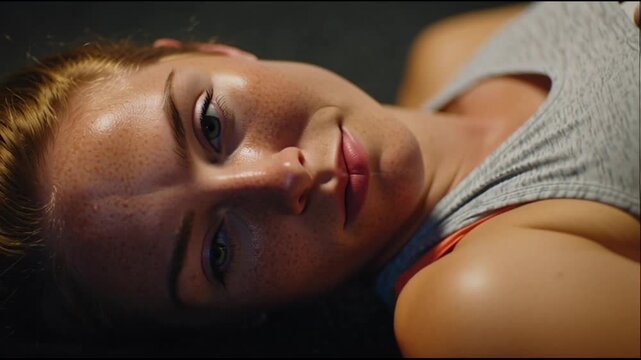 Close-up portrait of a woman lying down in a prone position, wearing a gray tank top with red trim, against a dark background with cinematic lighting.