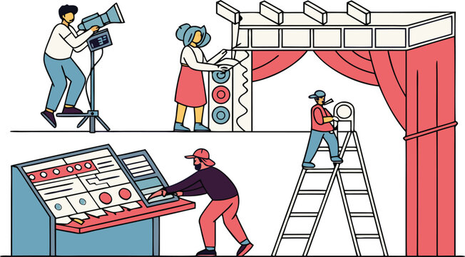 Theater stage setup crew icon collection. Includes lighting, sound, curtains, and rigging. Created in colorful flat style with vibrant palette.