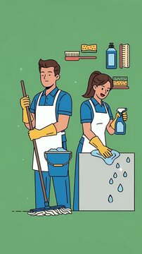 Cleaners Team with Mop and Spray Bottle on Green Background