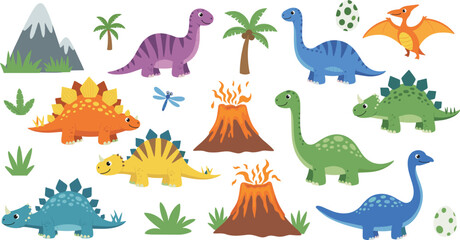Cute cartoon dinosaur characters vector set with prehistoric animals, volcanoes, plants, and tropical nature elements illustration © Kharshad Creative