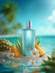 Transparent perfume bottle with tropical fruits on sandy beach  