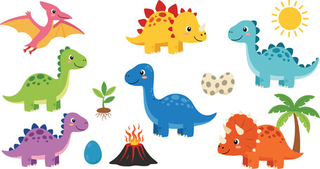 Cute cartoon dinosaur characters vector set with colorful prehistoric animals, eggs, volcano, sun, and nature elements © Kharshad Creative