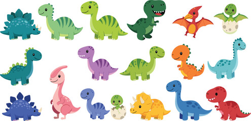Cute cartoon dinosaur characters vector set with colorful baby dinosaurs, prehistoric animals, and playful kid friendly illustrations © Kharshad Creative