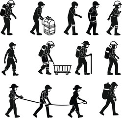 Fototapeta premium Firefighter icon collection. Includes firefighters, rescue, equipment, and emergency response symbols. Created in black silhouette style with monochromatic palette.