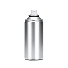 A photorealistic rendering of a plain silver aerosol spray can against a solid black background.