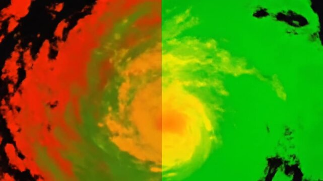 A time-lapse visualization showing the rapid evolution of a tropical storm, transitioning from simple red/green fields to a defined vortex. False-color radar imagery highlights the intensifying swirl