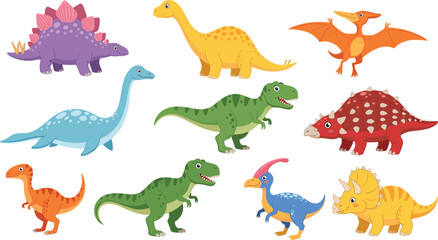 Cute cartoon dinosaur characters vector illustration set with colorful prehistoric animals in different poses for kids © Kharshad Creative