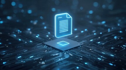 Floating Digital File Icon on Electronic Circuit with Blue Glow Effects in Futuristic Style