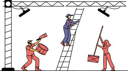 Vibrant workers in dynamic poses with mail and tools