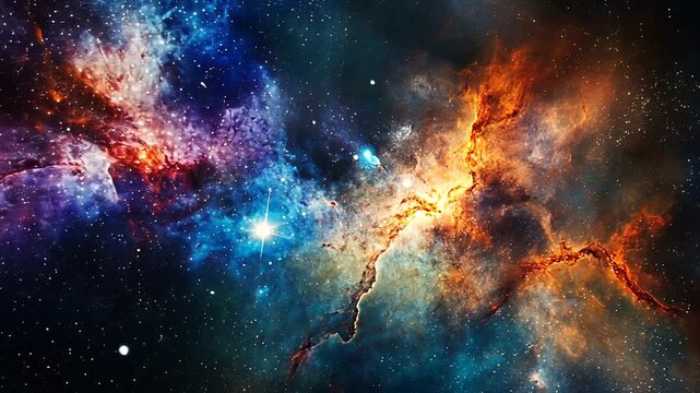 A vibrant nebula, swathed in cosmic hues of blue, red, purple, and orange, against a starry backdrop